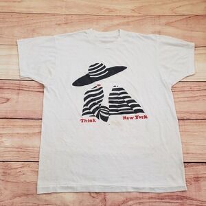 Vintage Think New York Shirt Men Large White Broadway Single Stitch Fashion 90s*
